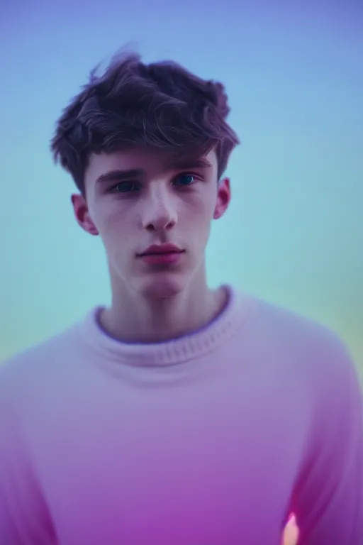 Image similar to high quality pastel coloured film mid angle selfie photograph of a beautiful young 2 0 year old male, soft features, short black hair, standing in an icelandic black rock environment. atmospheric. three point light. photographic. art directed. ( pastel colours ). volumetric light. clearcoat. waves glitch. 8 k. filmic.