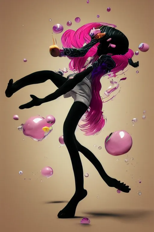 Prompt: epic 3 d abstract emo girl, spinning hands and feet, 1 2 mm, with black and pastel pink peanut butter melting smoothly into asymmetrical bubbles, liquid, delicate, beautiful, intricate, houdini sidefx, trending on artstation, by greg rutkowski and ilya kuvshinov, jamie hewlett and ayami kojima