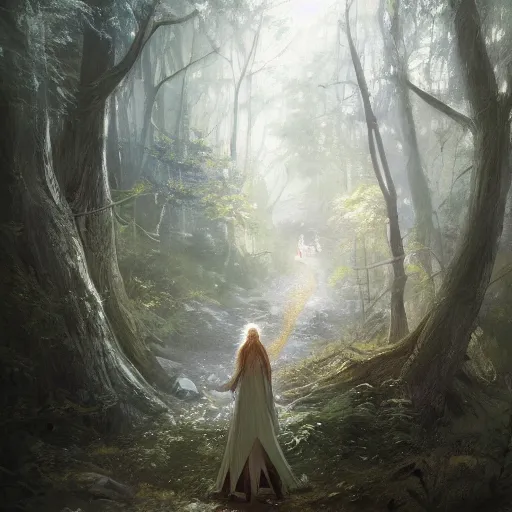 Image similar to A beautiful picture of galadriel in a forest by greg rutkowski and Kalin Popov, trending on artstation