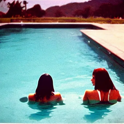 Image similar to two woman in the pool, film camera style, la piscine 1 9 6 9 film aesthetics, 1 9 7 0 s