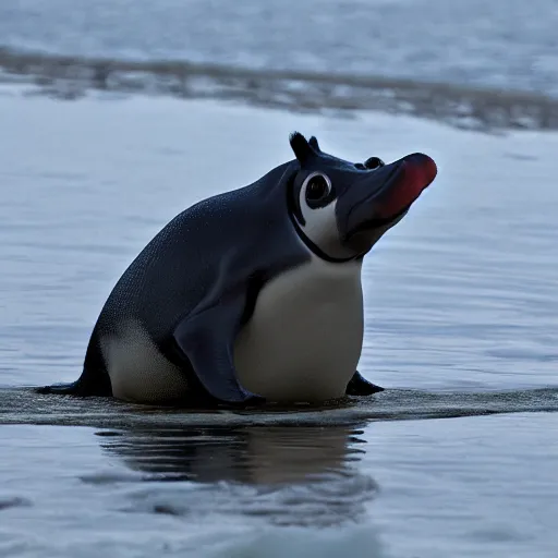 Image similar to a hippopotamus penguin hybrid