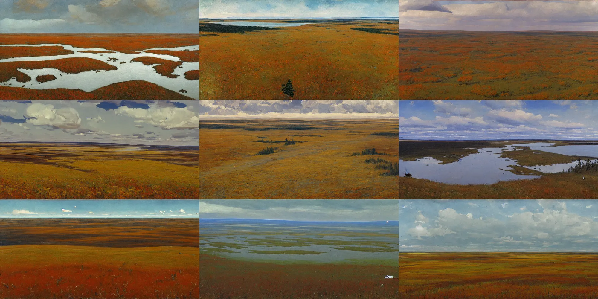 Prompt: painting in the style of Isaac Levitan, Savrasov, arkhip kuindzhi, T Allen Lawson and Ian Fisher and sidney richard percy, view from above from plane, wide river and tiny house on the top of the hill, autumn tundra and taiga, coast, strong wind, road to the sea, low clouds after rain, wet grass, dream heavenly cloudy sky, horzon, hurricane stromy clouds, roads among fields, Alpes, small village, forests and mountains at sunset sunrise, volumetric lighting, very beautiful scenery, pastel colors, ultra view angle view