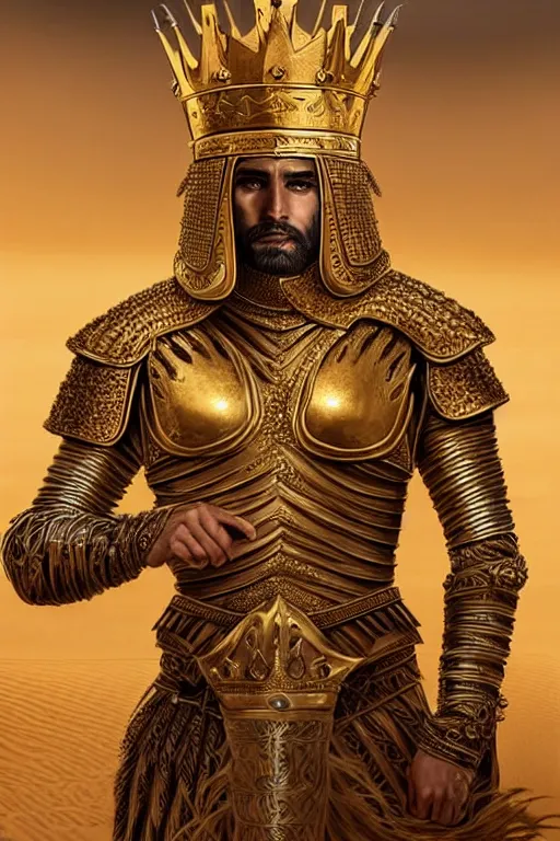 Image similar to Portrait of the King of the Desert, Warrior Man, standing in Sand, detailed scene, Gold Armour and Crown, Sword, handsome attractive face, beautiful face, photo realistic, highly detailed, dramatic lighting, majestic, trending on artstation, elegant, intricate, highly detailed, digital painting, concept art, by artgerm