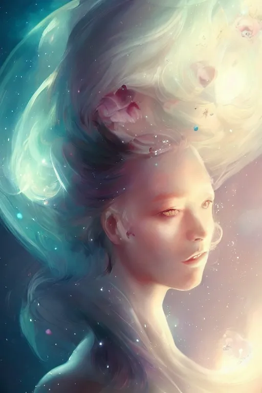 Prompt: beautiful woman floating in space, highly detailed, portrait, Charlie Bowater character art,