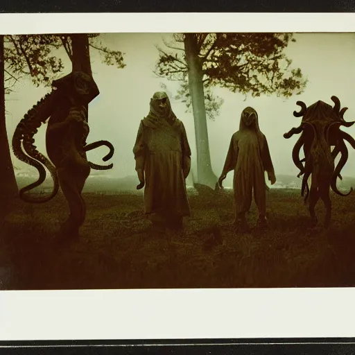 Image similar to old polaroid depicting cultists and an octopus demon, at a clearing, at dusk