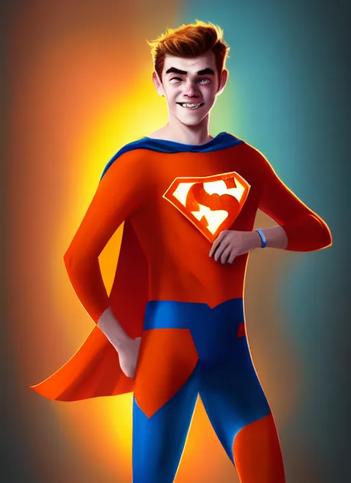 Image similar to friendly teenage archie andrews wearing an orange superhero costume with heart logo, freckles, superhero costume, heart emblem on chest, cape, intricate, elegant, glowing lights, highly detailed, digital painting, artstation, sharp focus, illustration, art by wlop, mars ravelo and greg rutkowski