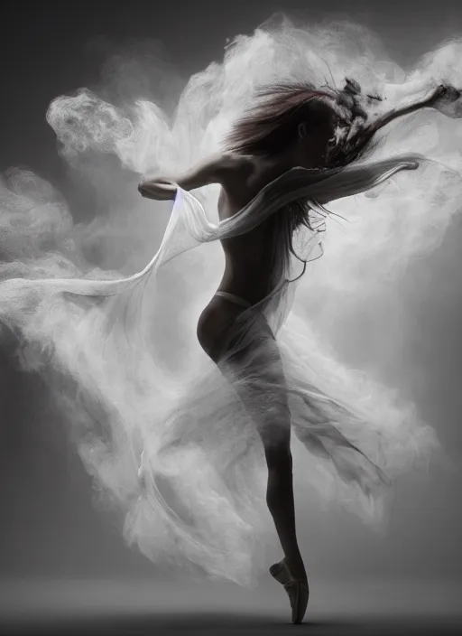 Image similar to a photorealistic dramatic hyperrealistic render of a glamorous beautiful female smoke dancer by ken brower and deborah ory of nyc dance project, lois greenfield, flowing cloth and smoke, beautiful dynamic dramatic dark moody lighting, volumetric, shadows, cinematic atmosphere, octane render, 8 k