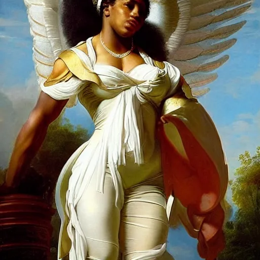 Image similar to full body portrait of serena williams as nike goddess with perfect hands, large wings, luxuriant, dreamy, eternity, romantic, strong pose, highly detailed, in the style of franz xaver winterhalter, highly detailed, in the style of aetherpunk