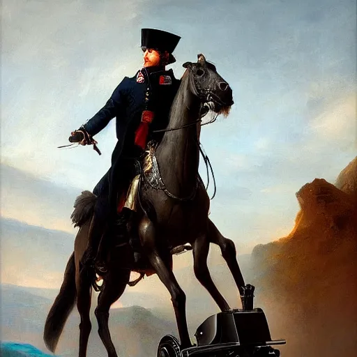 Image similar to Napoleon Bonaparte on his new electric scooter by Jeremy Lipkin and Giuseppe Dangelico Pino, oil on canvas, epic pose, cinematic, poster, 8k