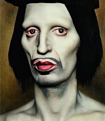 Image similar to portrait of marilyn manson by joel peter witkin and hieronymus bosch, high quality, high detail