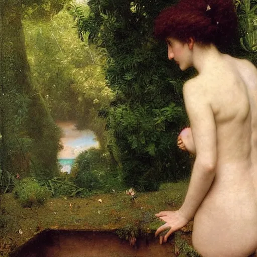 Prompt: a renaissance oil painting by alma tadema of a woman turned back on a stone balcony covered in moss with over shoulder view on a jungle, colourful pastel, detailed academic bouguereau, sharp focus