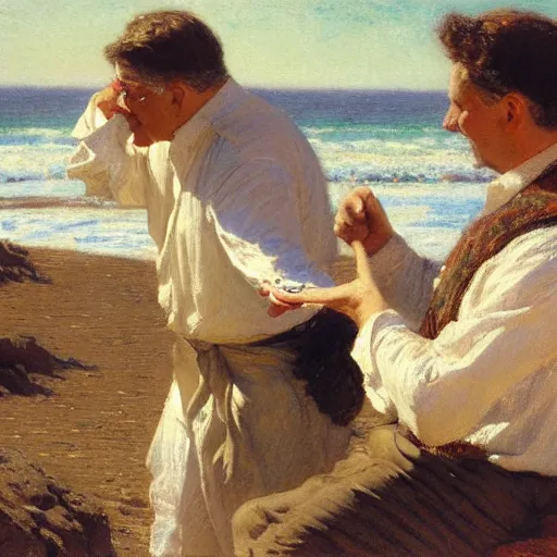 Image similar to detailed cinematic shot of warren buffet with white clothes in the mediterranean beach, spring light, painting by gaston bussiere, craig mullins, j. c. leyendecker