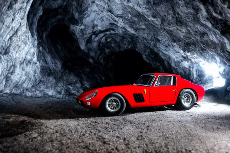 Image similar to cinematography of Ferrari 250 GTO series 2 in a glacier cave by Emmanuel Lubezki