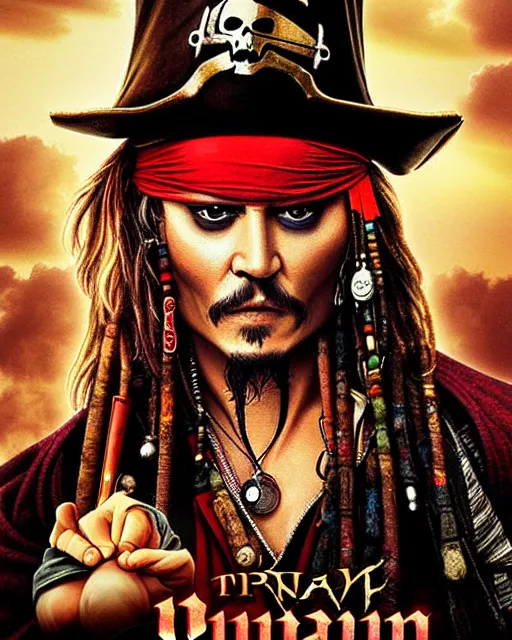 Image similar to < pirates of the prompt >!!!!! film poster featuring johnny depp, airbrush, drew struzan illustration art, key art, movie poster