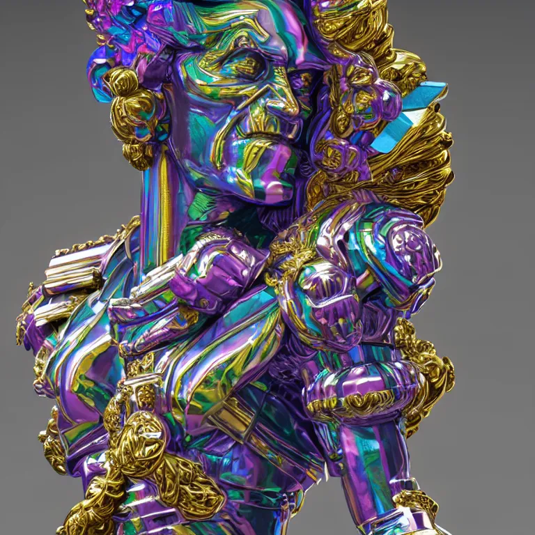 Prompt: stylized rainbow bismuth ornate statue full body made of marble of judas, perfect symmetrical body, perfect symmetrical face, hyper realistic, hyper detailed, by johannen voss, by michelangelo, octane render, blender, 8 k, displayed in pure white studio room luxury