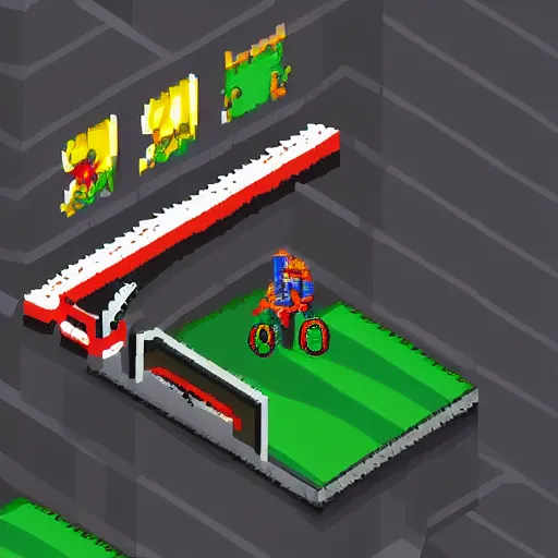 Image similar to pixel art, isometric cyber samurai on a flycycle, driving into the sunset