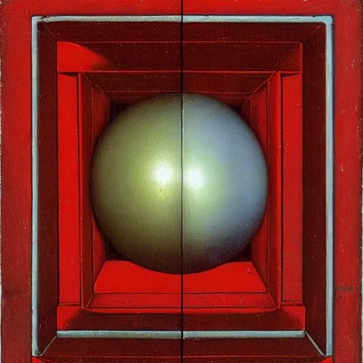 Prompt: chrome spheres on a red cube by jan van eyck