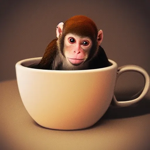 Image similar to “tiny monkey living in a coffee cup, studio lighting, award winning, digital art, artstation”