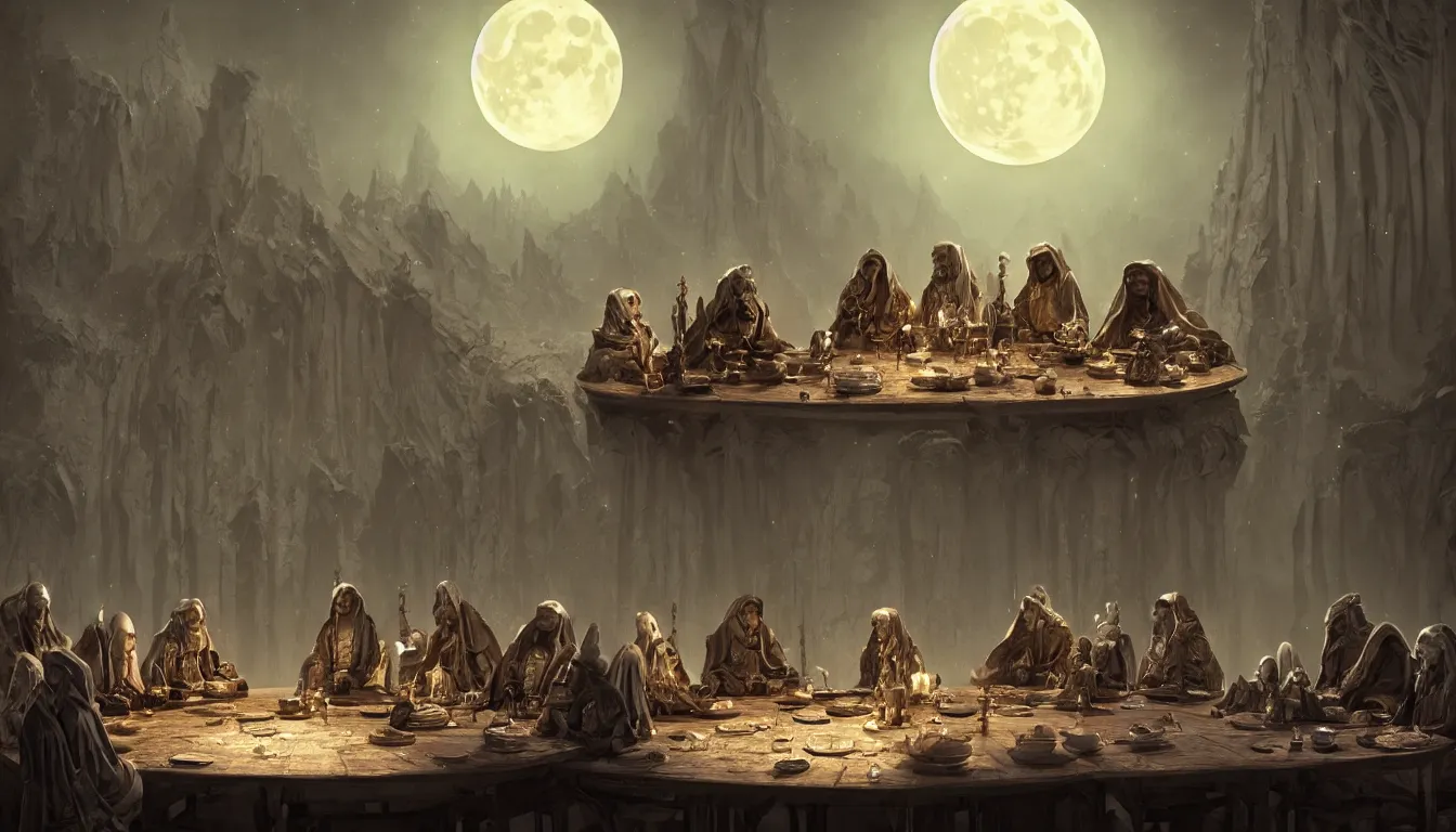 Image similar to A meeting of the council of elders, robed figures sat around a table, beautiful architecture, night time, stars visible, beautiful moon light, concept art, fantasy art, digital art by michal karcz, trending on artstation, highly detailed, 8k