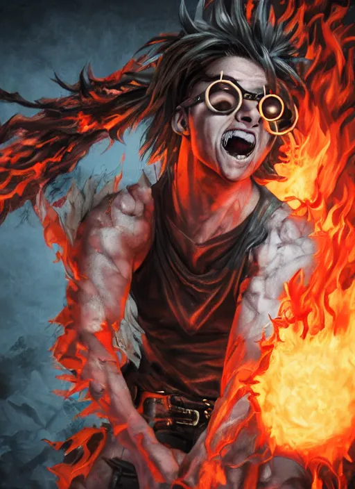 Image similar to An epic fantasy comic book style portrait painting of young man with red spiked long hair, using an orange lens googles. Wearing white shirt, a black waistcoat, brown pants and black boots. He is throwing a wild fire blast from his hands, with a vicious smile in face. Unreal 5, DAZ, hyperrealistic, octane render, cosplay, RPG portrait, dynamic lighting