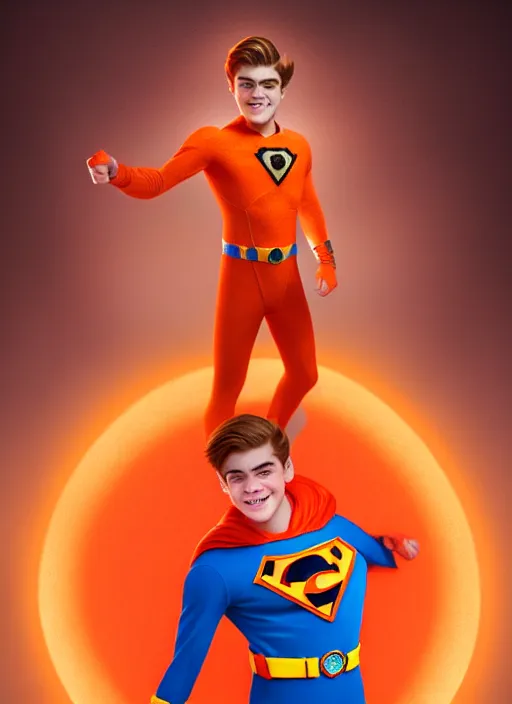 Image similar to friendly teenage archie andrews wearing an orange superhero costume, freckles, superhero costume with heart emblem, cape, intricate, elegant, glowing lights, highly detailed, digital painting, artstation, sharp focus, illustration, art by wlop, mars ravelo and greg rutkowski