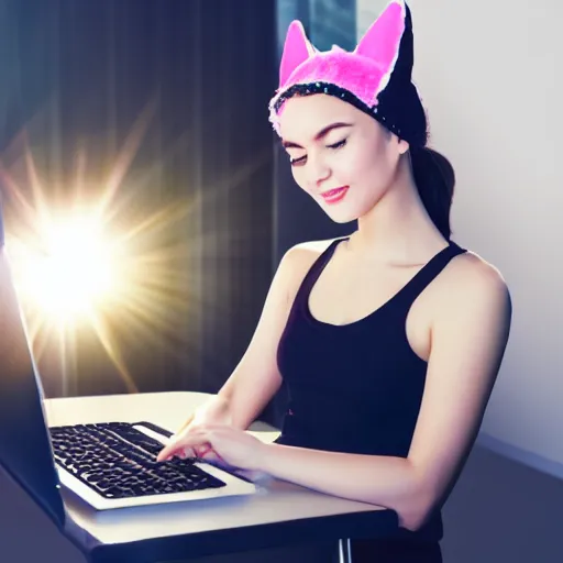 Image similar to cute woman wearing tank top and cat ears plays on computer, smooth art, sun flare