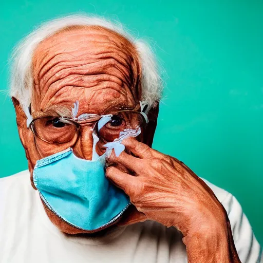 Prompt: an elderly man wearing a mask made from cinnabon, bold natural colors, national geographic photography, masterpiece, 8 k, raw, unedited, symmetrical balance