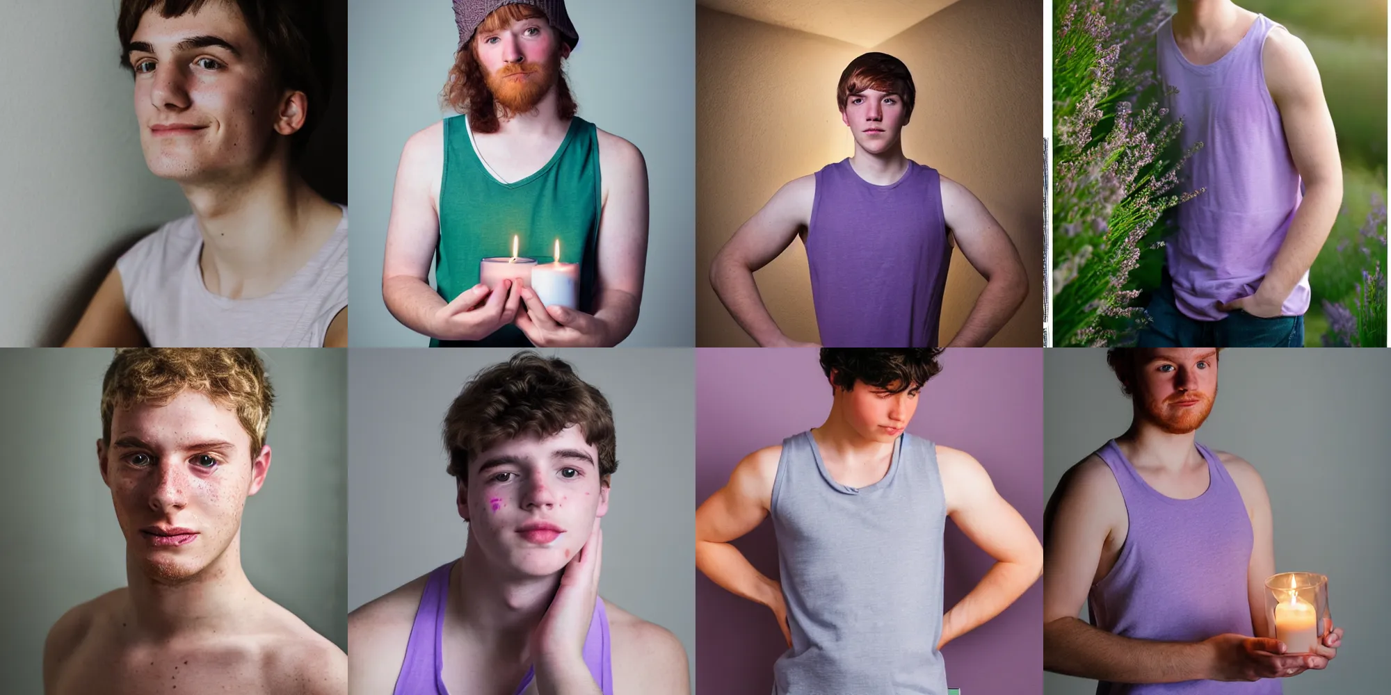 Prompt: portrait of a college student with light freckles wearing an lavender basecap and tanktop, he is looking shyly into the camera for a cover of a gay print magazine, f 1. 4, award winning photograph, candle light, softfocus
