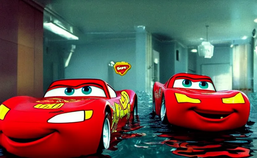 Image similar to lightning mcqueen from cars in a flooded fractal hallway, romance novel cover, in 1 9 9 5, y 2 k cybercore, low - light photography, still from a ridley scott pixar movie