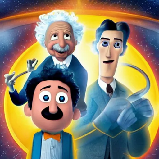 Image similar to Albert Einstein and Nikola Tesla fighting, pixar movie