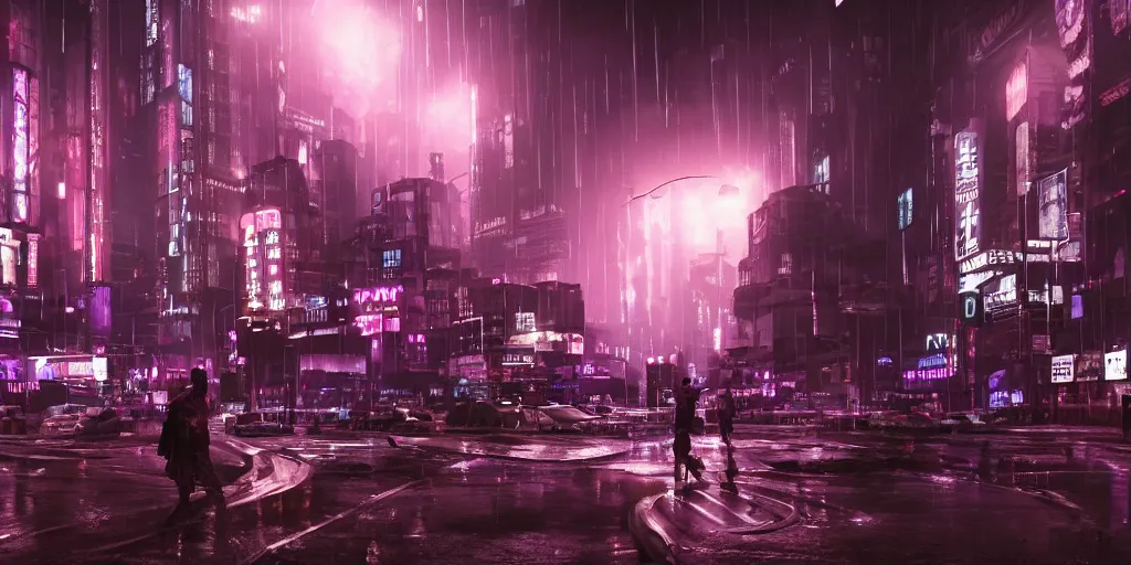 Prompt: uncanny valley, dark grotesque nocturne cyberpunk city, armed and dangerous, night, rain, purple neon lights, black, grey, white, realistic 4 k octane beautifully detailed render, 4 k post - processing, highly detailed, intricate complexity, epic composition, magical atmosphere, cinematic lighting, masterpiece, ultra hd