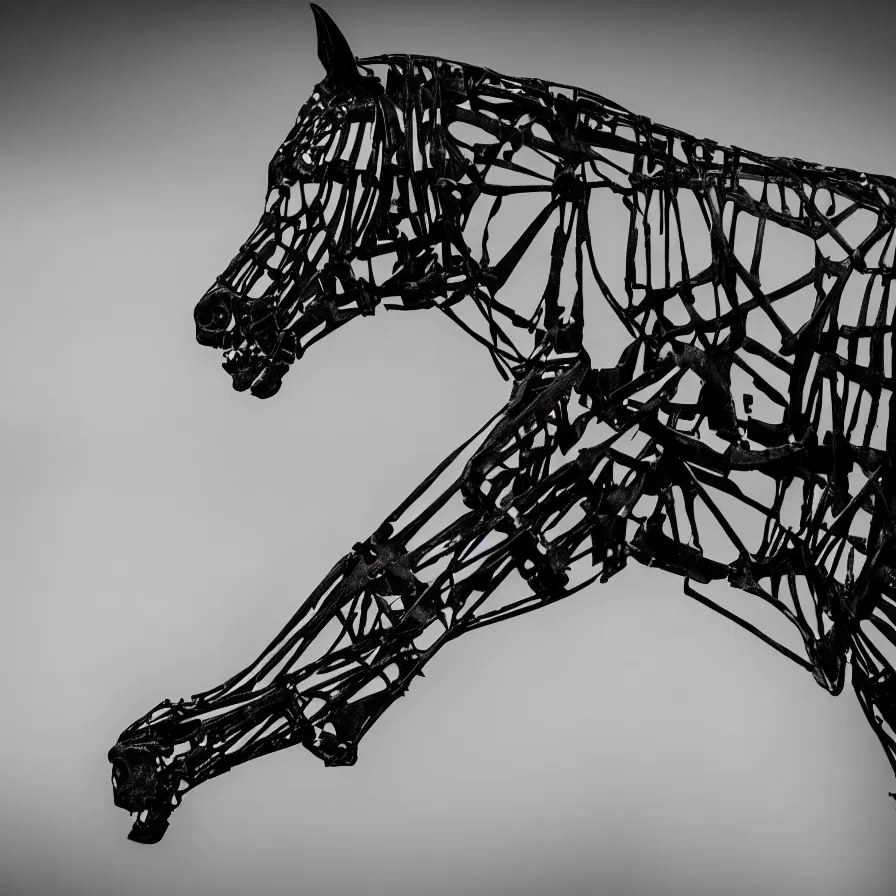 Image similar to skeleton of a horse in a dark veil, dark and mysterious, stopped in time, atmospheric, ominous, eerie, cinematic, epic, 8 k, 4 k, ultra detail, ultra realistic