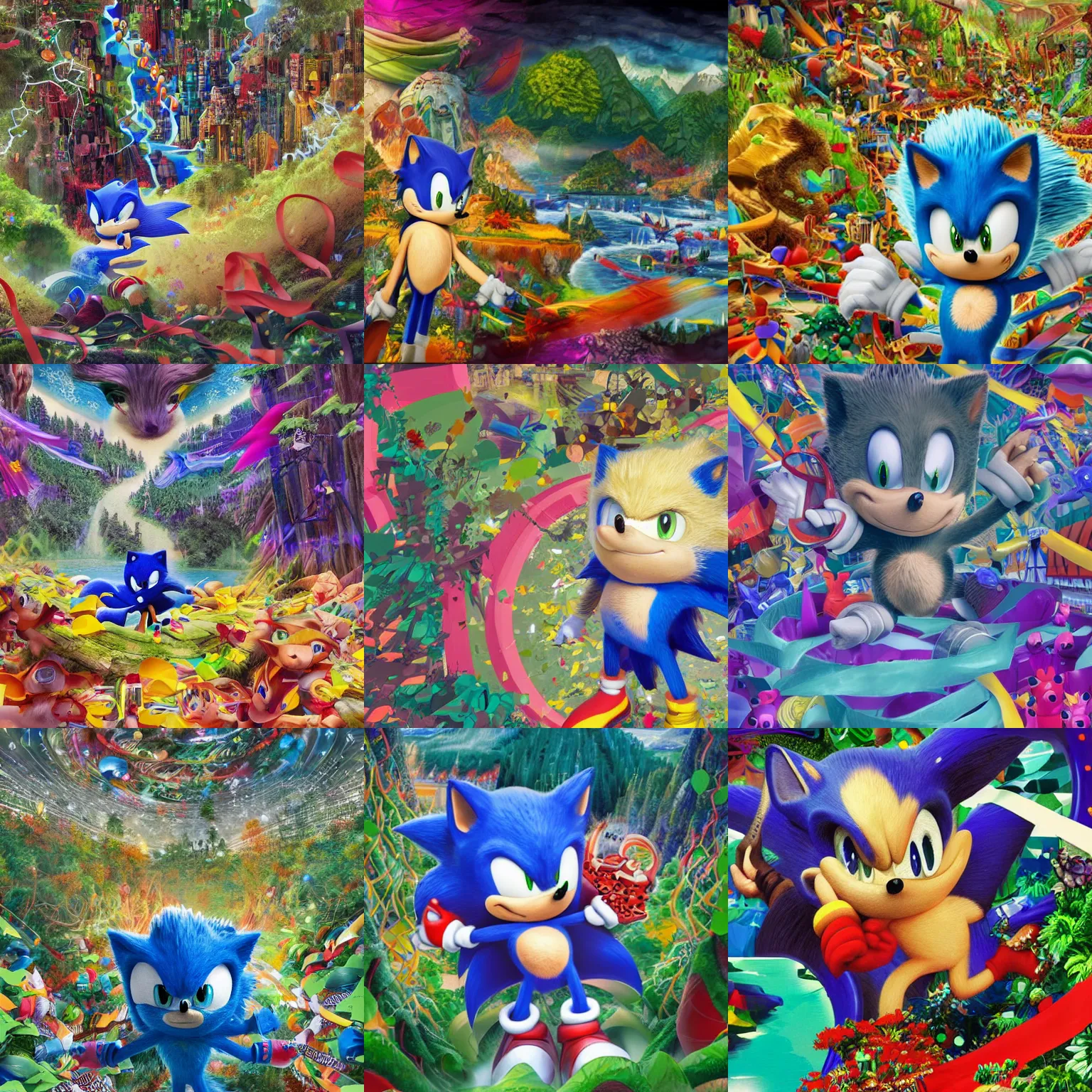 Prompt: closeup portrait of sonic the hedgehog with forests, river and mountains in the middle of the frame surrounded by colorful ribbons and party confetti , concept art, huge scale, high detail, sci fi by James Jean