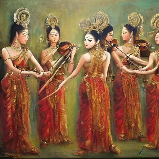 Prompt: oil painting of the Apsaras Orchestra by Zeng Hao