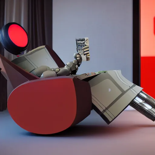 Image similar to futuristic lonely matte brown and red full-body humanoid robot with two huge round expressive sad LED eyes and open rectangular mouth sitting on a large comfortable cushioned 1950s vintage recliner reading a newspaper. open newspaper. Cinematic Movie Photograph, Arri Alexa, Extremely Detailed, smooth, very very clean, 8K, octane render, maya render, unreal engine, trending on artstation, DSLR, excellent composition, center frame