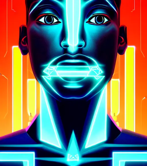 Image similar to symmetry!! egyptian god of technology, solid cube of light, hard edges, product render retro - futuristic poster scifi, lasers and neon circuits, brown skin handsome egyptian god, intricate, elegant, highly detailed, digital painting, artstation, concept art, smooth, sharp focus, illustration, dreamlike, art by artgerm