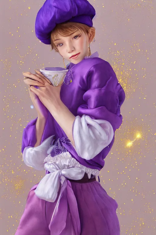 Prompt: Full View girl with short blond hair wearing an oversized purple Beret, Baggy Purple overall shorts, Short Puffy pants made of silk, silk shoes, a big billowy scarf, Golden Ribbon, and white leggings Covered in stars. covered in embroidery. Short Hair. peasant magic. masterpiece 4k digital illustration by Ruan Jia and Mandy Jurgens and Artgerm and william-adolphe bouguereau, award winning, Artstation, art nouveau aesthetic, Alphonse Mucha background, intricate details, realistic, panoramic view, Hyperdetailed, 8k resolution, intricate art nouveau