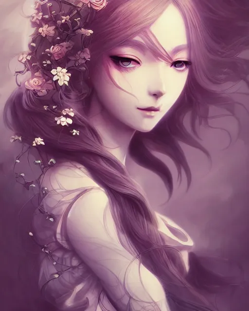 Prompt: anime portrait, intricate, ornate flowers, mystical flowing hair, elegant, digital painting, artstation, concept art by artgerm and wlop