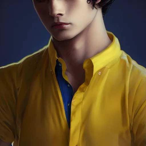 Image similar to ultra realistic illustration, a young man with black hair, in a checkered yellow shirt, with blue eyes, highly detailed, digital painting, artstation, concept art, smooth, sharp focus, illustration, art by artgerm and greg rutkowski and alphonse mucha