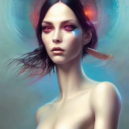 Prompt: Epic cinematic portrait of a very beautiful dollpunk female wearing Abstract tech bodysuit, focus, realistic eyes, symmetric body features proportions, golden ratio, ultra intricate details, award winning, unreal render, by Tom Bagshaw