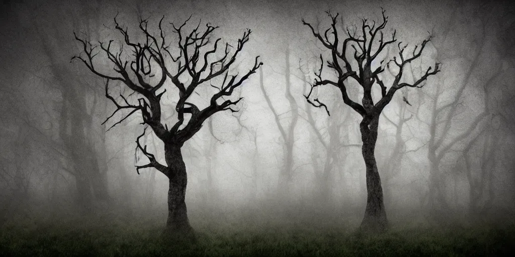 Image similar to fun strange darkness house, dead tree, inspired by Tim Burton, (by Tim Burton) dark forest background, mist, fog, volumetric lighting