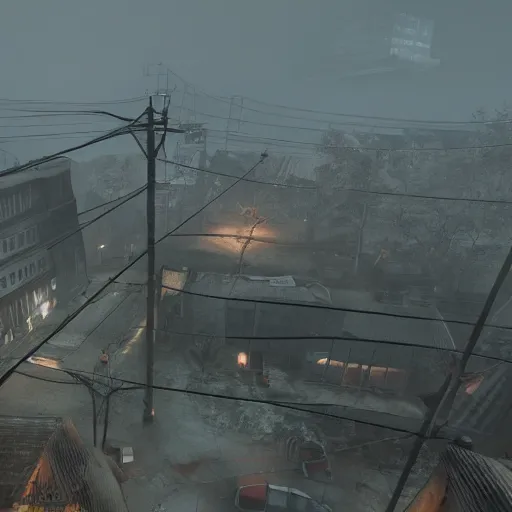 Image similar to playstation 5 screenshot of silent hill, overhead view, gorgeous, clear view