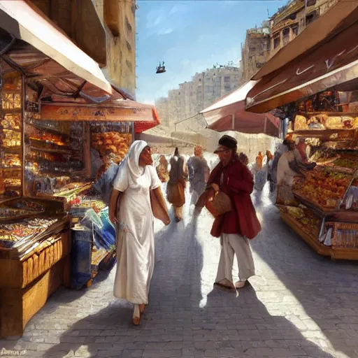 Image similar to a beautiful portrait painting of a couple shopping in a sunny market in north africa, masterpiece by famous artist nasreddine dinet and eugene de blaas and greg rutkowski and artgerm and wlop, path tracing, intricate, elegant, highly detailed, digital painting, artstation, concept art, smooth, sharp focus