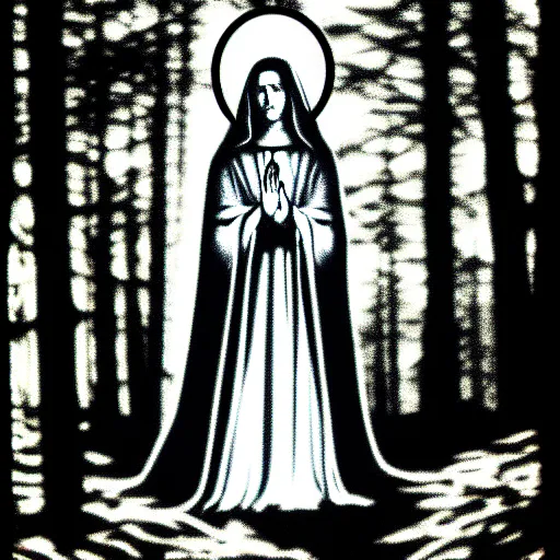 Image similar to marian apparition in forest, found footage, vhs, 1 9 9 0, beautiful, highly realistic, highly detailed, vhs noise static, black and white, vhs glitch