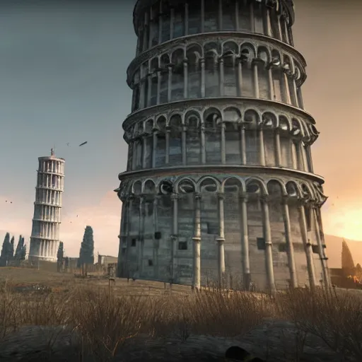 Image similar to Tower of Pisa destroyed post-nuclear war in Fallout 4, in game screenshot