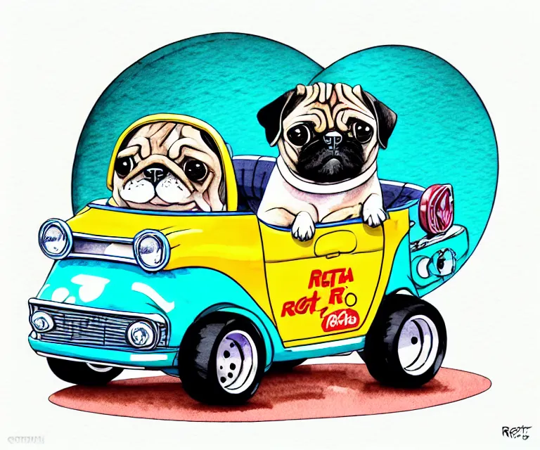 Prompt: cute and funny, pug wearing a helmet riding in a tiny hot rod with oversized engine, ratfink style by ed roth, centered award winning watercolor pen illustration, isometric illustration by chihiro iwasaki, edited by range murata, symmetrically isometrically centered