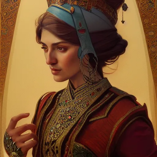 Image similar to ceren sungur portrait of ottoman sultan gog, female, clear face, symetrical, masculine, full body, 4 k, fantasy, intricate, elegant, highly detailed, digital painting, artstation, concept art, matte, sharp focus, illustration, art by artgerm and greg rutkowski and alphonse mucha