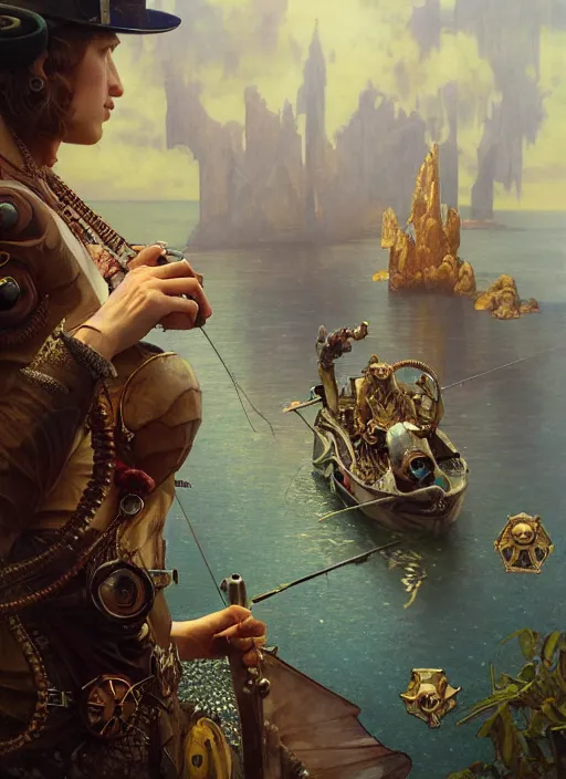 Image similar to hyper realistic fisherman, birds eye view, magical, gems, jewels, gold, steampunk, cyberpunk utopia, painted by tom bagshaw, mucha, gaston bussiere, craig mullins, j. c. leyendecker 8 k