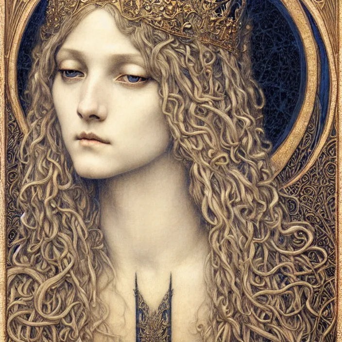 Image similar to detailed realistic beautiful young medieval queen face portrait by jean delville, gustave dore and marco mazzoni, art nouveau, symbolist, visionary, gothic, pre - raphaelite. horizontal symmetry