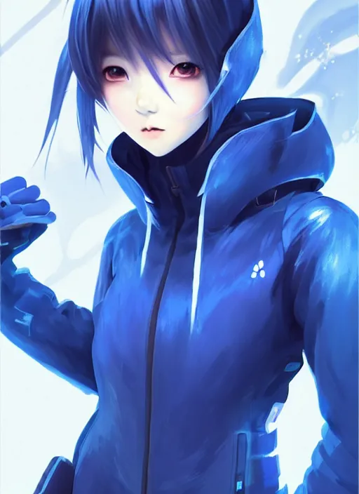 Image similar to full body portrait of a blue anime girl within a techwear. cynical face, concept art, fantasy illustration, intricate, highly detailed 8 k, smooth, sharp focus, beautiful and aesthetic shape of face and body, artgerm, artstation, art by zexi guo and nira and junpei suzuki and gharliera and rinotuna